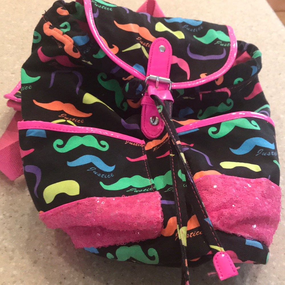 Justice neon mustache drawstring backpack